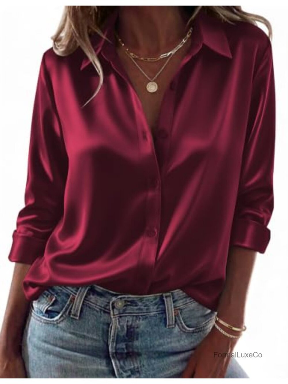 Zeagoo Womens Satin Button Down Long Sleeve Blouse Dressy Top